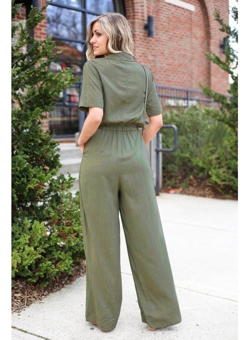 Barbora Linen Casual Jumpsuit LN20KHAKI - Image 2